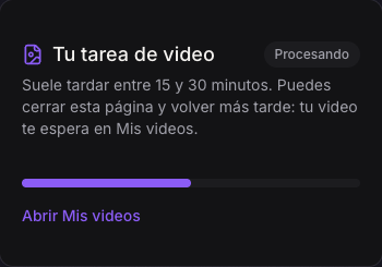 Tarjeta móvil actual con Procesando y Abrir Mis videos.